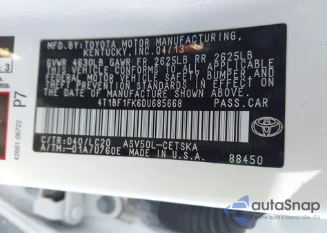 2013 Toyota Camry Se z USA, uszkodzony, nr VIN 4T1BF1FK6DU685668